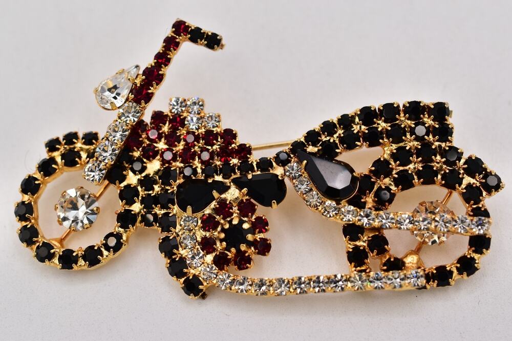 Vintage Crystal Motorcycle Pin Brooch Prong Rhinestone Red Black Gold 80s BinBP